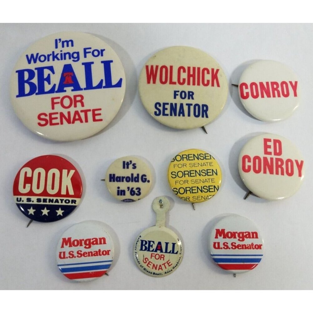 Lot of 10 Senate Campaign Pinback Pin Buttons Beall Sorenson Morgan Cook Conroy